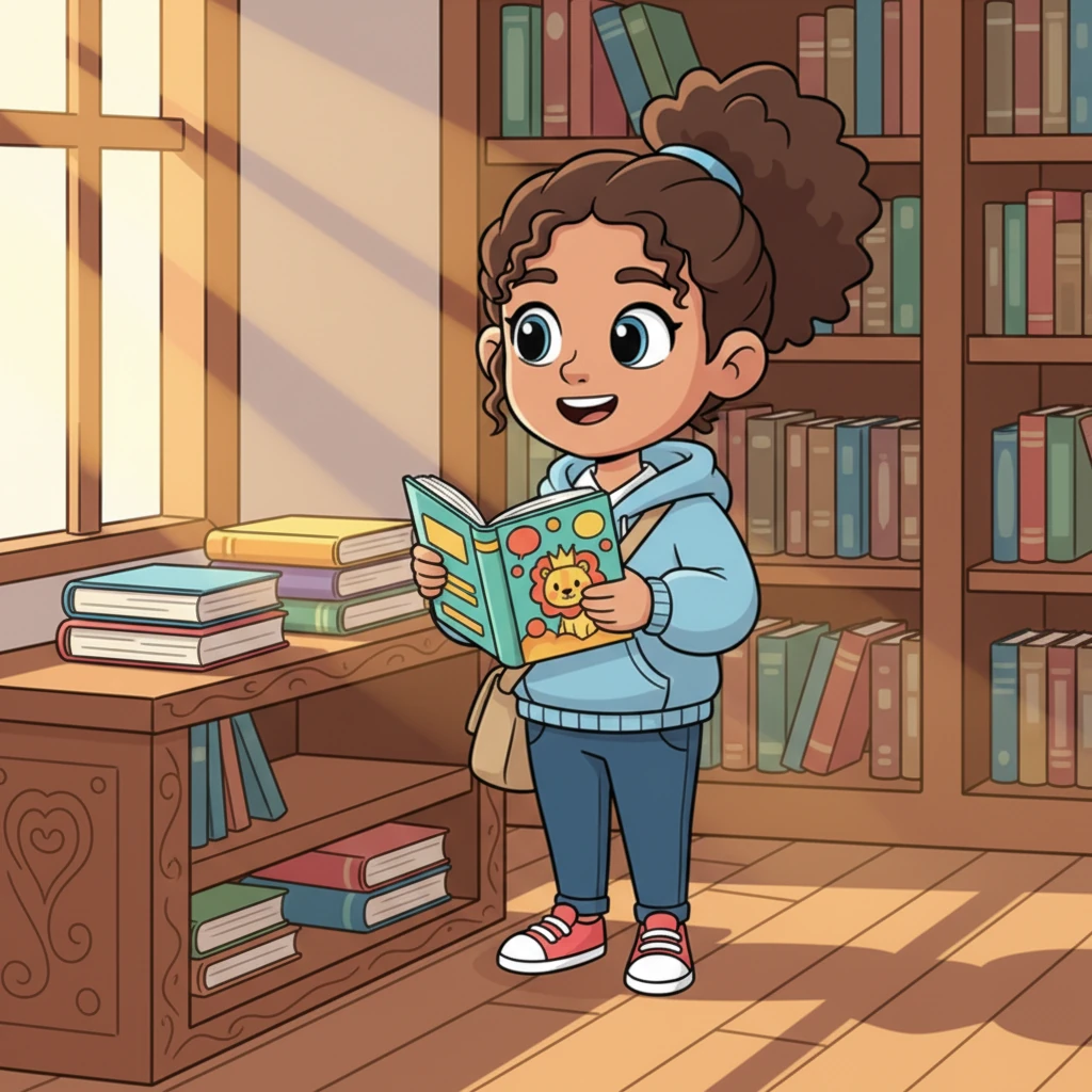 In a cozy corner of the school library, sunlight streams onto Lily as she discovers a brightly colored book titled "Shadowing for English Speakers." Its cover features playful speech bubbles and a friendly cartoon character. She holds it carefully, her face lighting up with newfound hope and excitement.