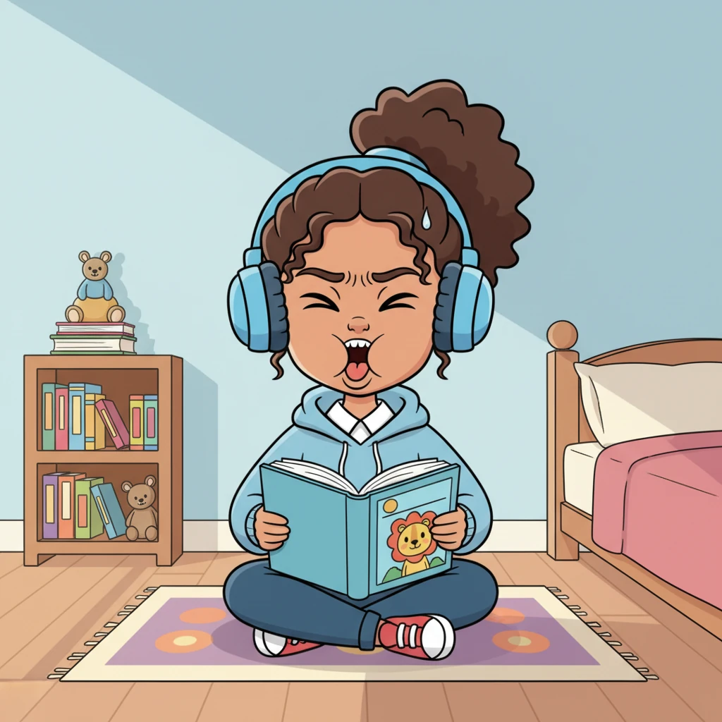 Back in her room, Lily wears oversized headphones, mimicking the sounds from her "Shadowing book." Her mouth forms exaggerated shapes, and her eyebrows are comically furrowed in concentration. A tiny, determined sweat drop rolls down her temple as she tries to match the pronunciation.