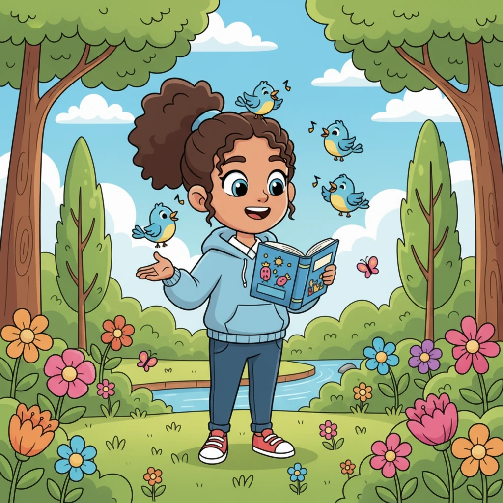 Weeks later, Lily is practicing in a vibrant park, surrounded by chirping birds and blooming flowers. She confidently reads aloud from her "Shadowing book," her voice clear and joyful. Her posture is relaxed, and a big smile shows how much she enjoys her learning journey now.