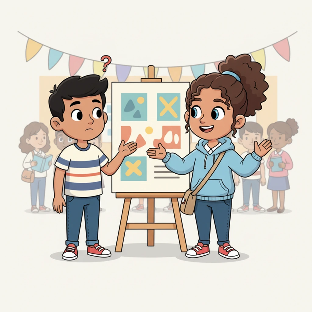 At a school event, a new exchange student looks confused by a poster. Lily, with a friendly wave, confidently approaches and explains the poster in clear English. The exchange student's face brightens, and they share a grateful smile, highlighting Lily's growing confidence and ability.