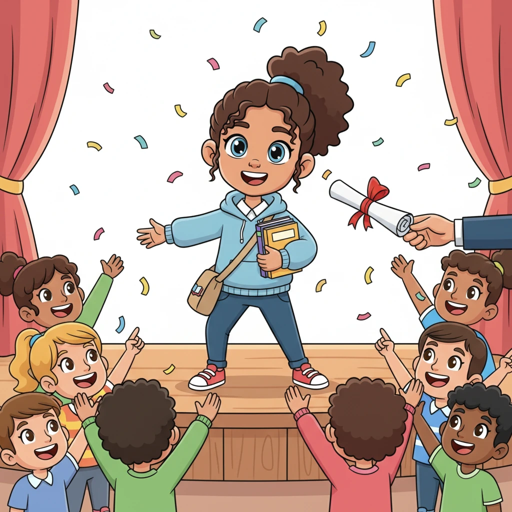 Lily stands proudly on a small stage during a school assembly, holding her now well-worn "Shadowing book." She's receiving a certificate for her dedication to language learning, beaming with pride. Confetti falls around her, and her classmates cheer, celebrating her amazing achievement.