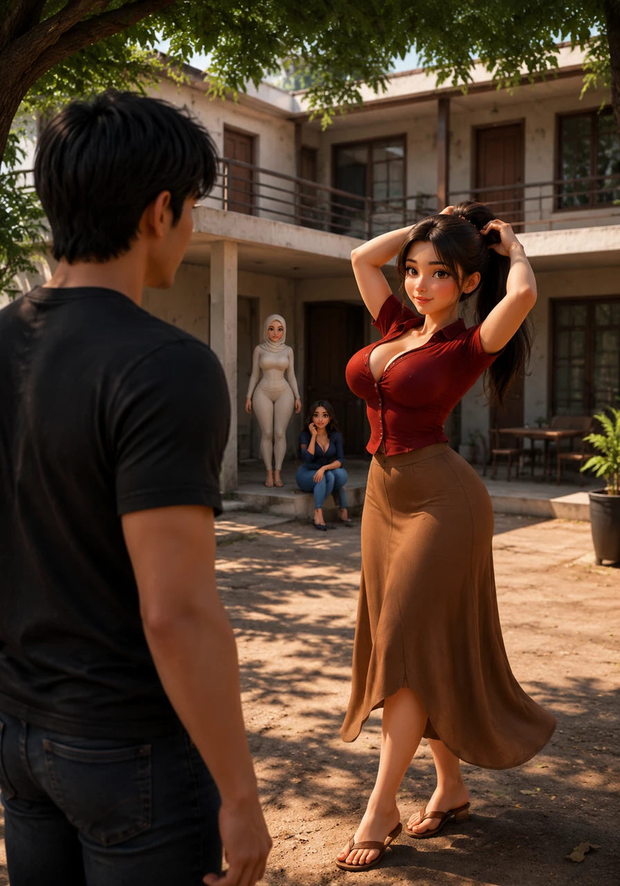 The newly built Kost Mawar stands under the sultry afternoon sun, its fresh two-story concrete frame surrounded by lush, leafy trees that cast deep shadows over the courtyard. Under the rustling leaves, Rendra catches his first glimpse of Ika, whose porcelain skin glows brilliantly against her tight red shirt and flowy brown skirt as she coyly adjusts her ponytail, her full, curvy silhouette instantly igniting an undeniable tension in the air.