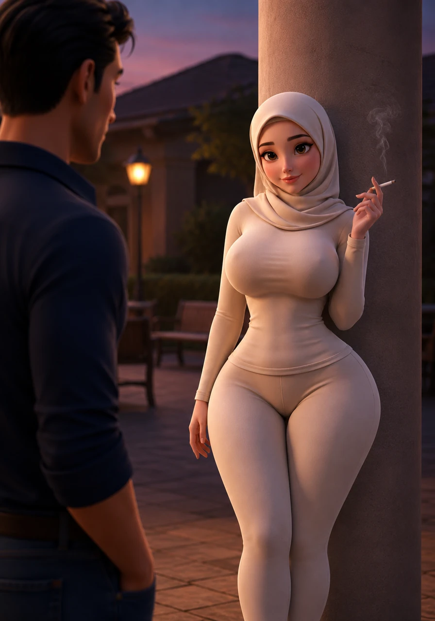 As twilight falls, the courtyard benches become a playground of unspoken desires and lingering glances. Dian leans against a shaded pillar, wearing a tight cream hijab and matching form-fitting shirt that accentuates her remarkably voluptuous, slender-framed figure, casually holding a cigarette while her eyes lock onto Rendra with an intense, provocative gaze that challenges him to cross the line.