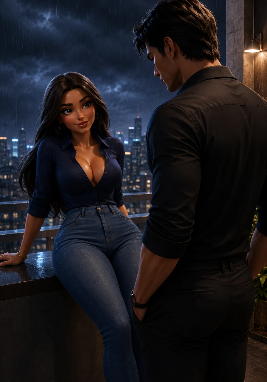 Up on the wide rooftop balcony, the atmosphere grows thick with temptation under the heavy evening air. Della lounges effortlessly in her tight, dark blue unbuttoned shirt and jeans, her sophisticated, socialite charm radiating power as she plays a slow, psychological game of cat and mouse with Rendra, her full lips curving into a wild, knowing smile.