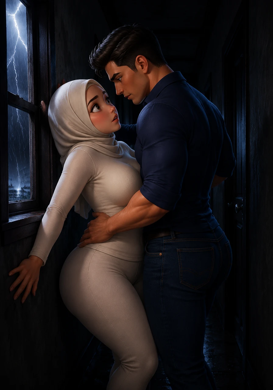 A sudden midnight thunderstorm cuts the power, plunging Kost Mawar into absolute darkness and escalating the romantic tension to a boiling point. In the narrow second-floor corridor, Ika bumps directly into Rendra, her full chest pressing against him as their frantic breathing reveals a raw, electric connection that threatens to break all boundaries.