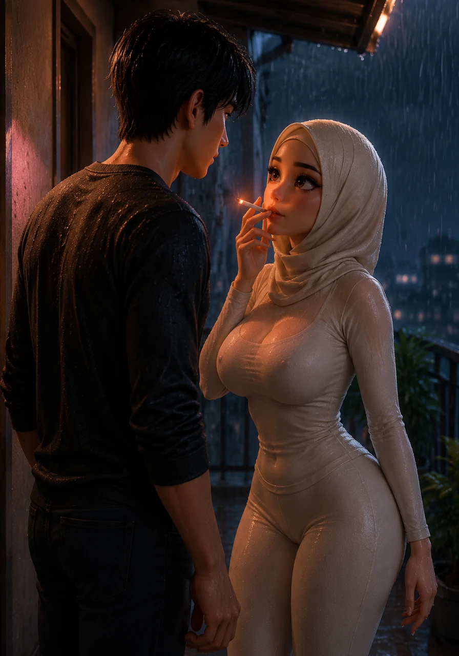 Seeking an escape, Rendra climbs to the rainy balcony only to find Dian standing under the small awning, the glow of her cigarette illuminating her beautiful, elegant face. The shared risk of being caught amplifies the thrill as she steps closer, her tight cream outfit damp from the mist, creating an intoxicating, breathless moment of pure physical anticipation.