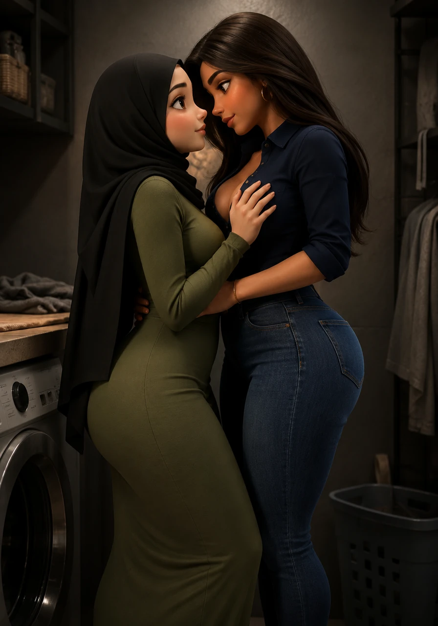 The tension reaches its peak in the dim, quiet laundry area where Bu Elin finds Rendra alone, her long black hijab contrasting sharply with her tight green dress. The air is heavy with emotional passion and the risky thrill of Pak Ahmad’s nearby presence, making every whispered word and close movement feel like a beautiful, chaotic point of no return.