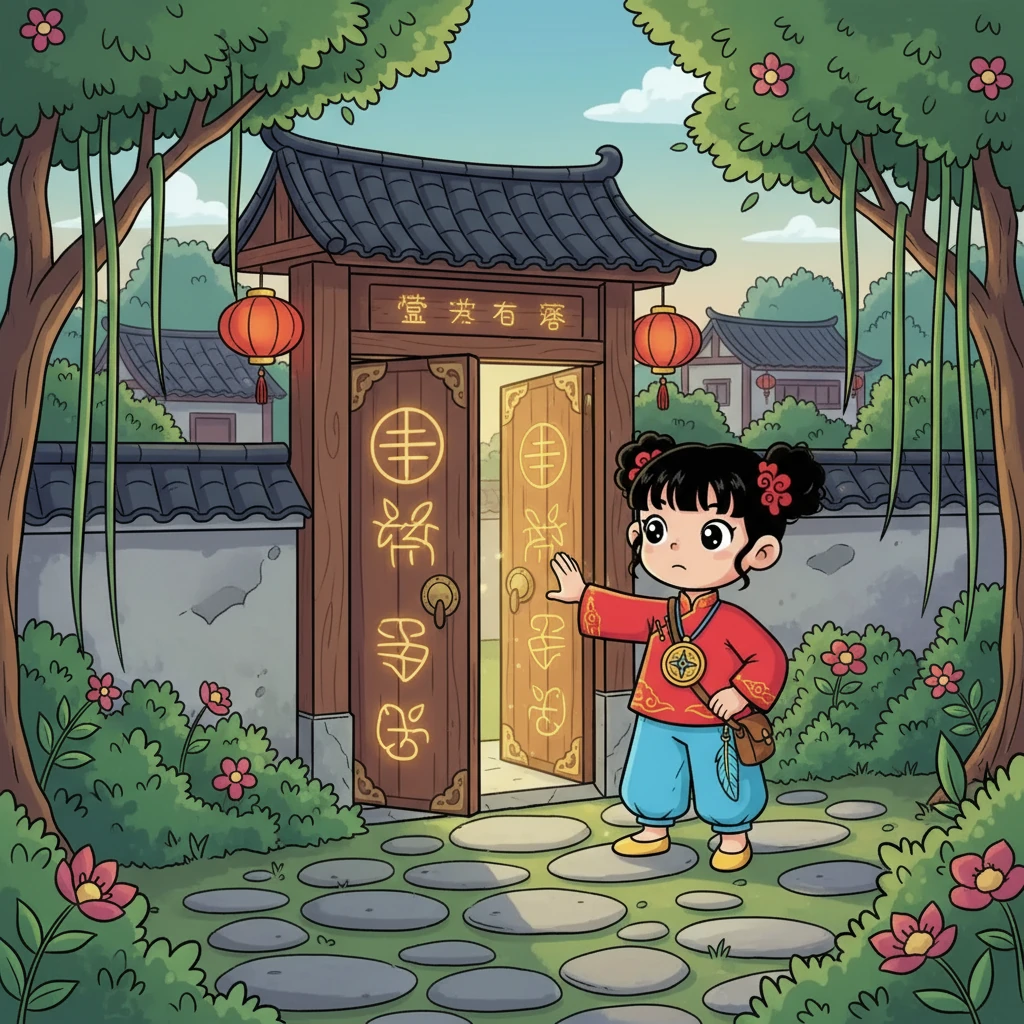 小雨是一个充满好奇心的小女孩，她住在绿树成荫的小村庄里。一天，她在后院发现了一扇闪闪发光的门，门上雕刻着奇怪的符号。好奇心驱使着她，她轻轻地推开了门。