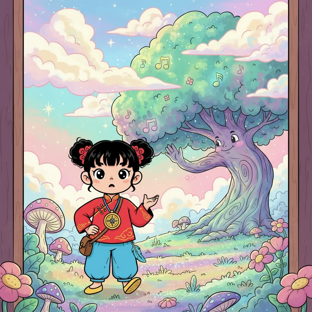 门后是一个色彩斑斓的世界，天空飘着棉花糖般的云朵。小雨惊叹地看着周围的一切，一棵会唱歌的树向她招手。她鼓起勇气，向树走去。
