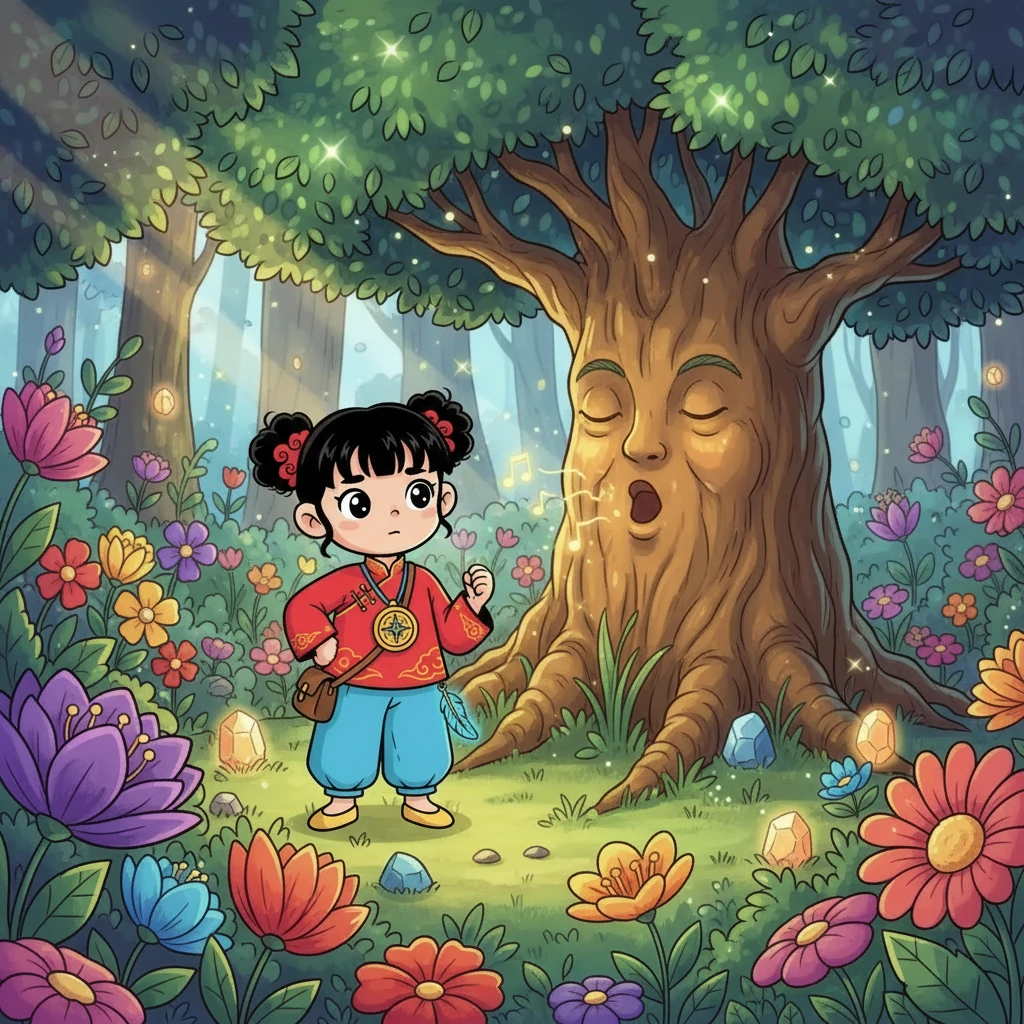 会唱歌的树告诉小雨，她需要找到散落在各地的“勇气之石”，才能帮助这个世界恢复光明。小雨坚定地点点头，开始了她的冒险之旅。她首先来到了一个充满七彩花朵的森林。