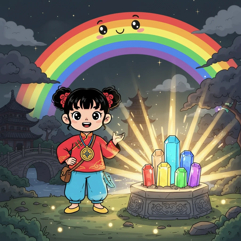 集齐了所有的勇气之石，小雨和彩虹回到了最初的世界。她们将石头放在一起，光芒照亮了整个世界，驱散了黑暗。小雨明白了友谊和勇气的真正含义，开心地笑了。
