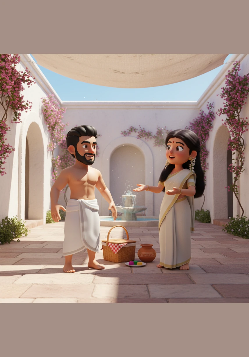 The morning sun casts a golden glow over the courtyard where Arya is meticulously arranging vibrant flower petals into a grand Pookalam. The air is thick with the scent of fresh jasmine and the rhythmic sounds of festive preparations echoing from the kitchen.