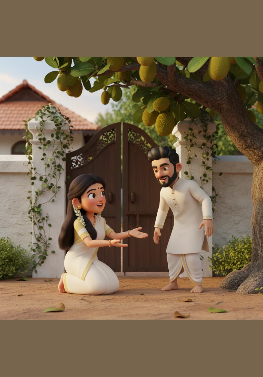 Near the ornate wooden gate, Govind watches Arya from the shadows of a jackfruit tree, his heart racing with excitement. He has arrived hours before the official feast, hoping for a private moment with his new fiancée before the house fills with relatives.