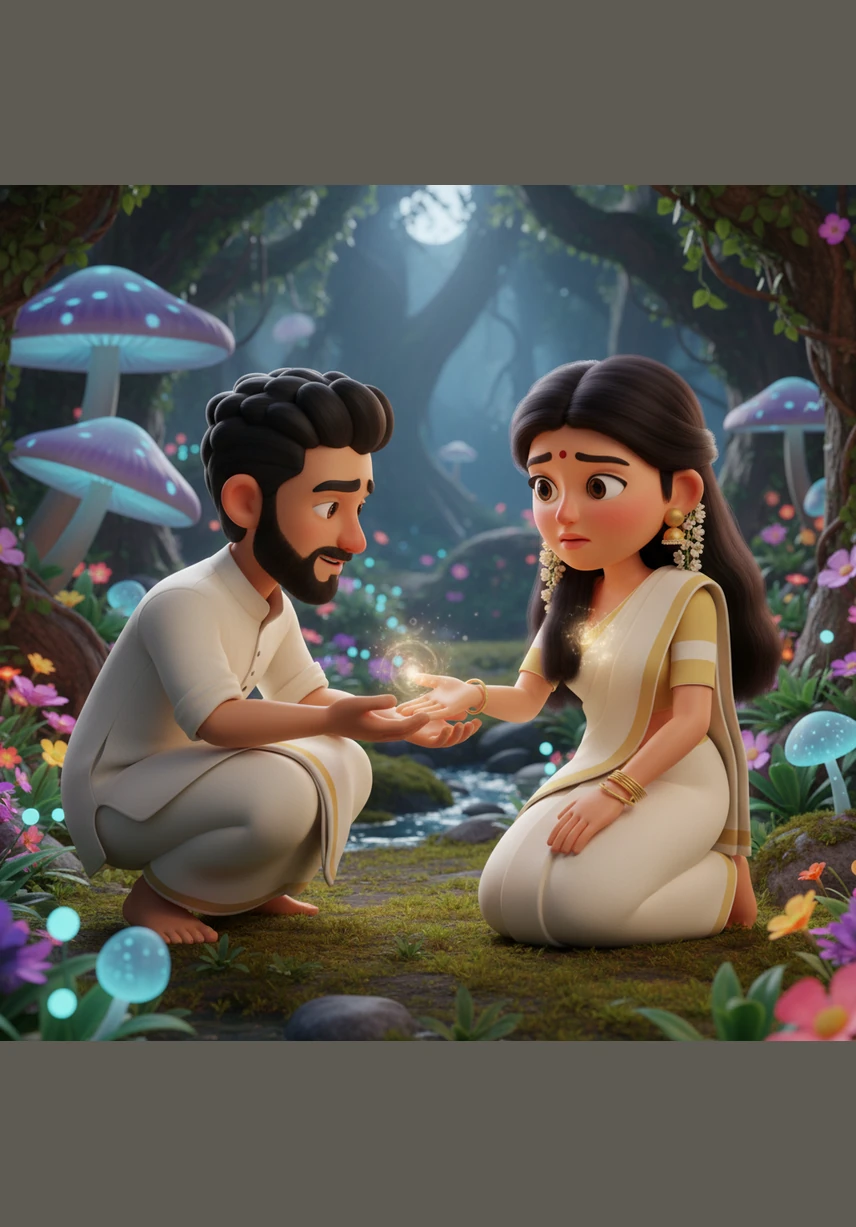 Arya reaches for a basket of orange marigolds, only to find a familiar hand already holding it out to her. She gasps in surprise, her eyes widening as she sees Govind’s mischievous grin, his traditional mundu crisp and white against the greenery.