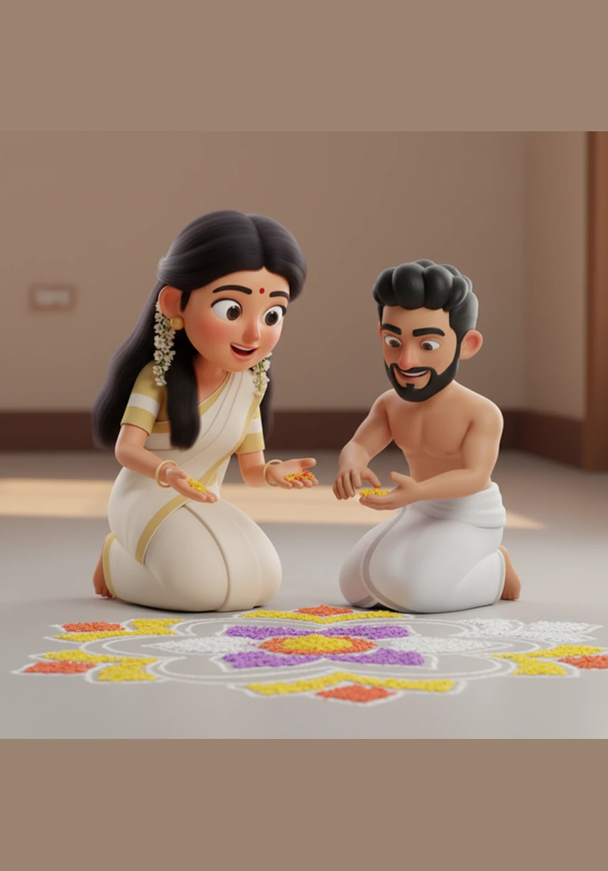 "You shouldn't be here yet," she whispers with a playful scold, though she can't hide her radiant smile. Govind kneels beside her, his fingers brushing hers as they both place petals on the intricate floral design, creating a secret pattern known only to them.