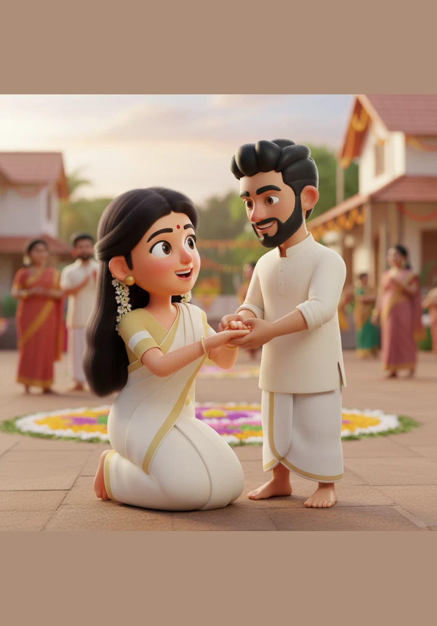 Arya slips the bangle onto her wrist, her face flushing with a mix of joy and the heat of the afternoon. They share a lingering look, a silent vow of a lifetime of Onams spent together, before the reality of the busy day pulls them back.