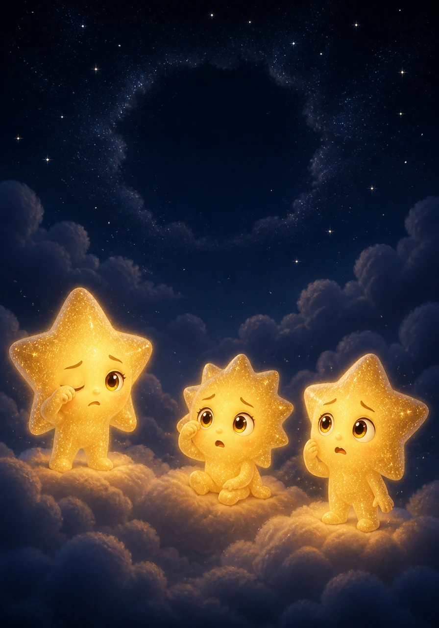 One by one, the little stars began to wake up and rub their sleepy eyes. They looked around and realized the sky was much darker than usual because their friend Luna was nowhere to be seen.