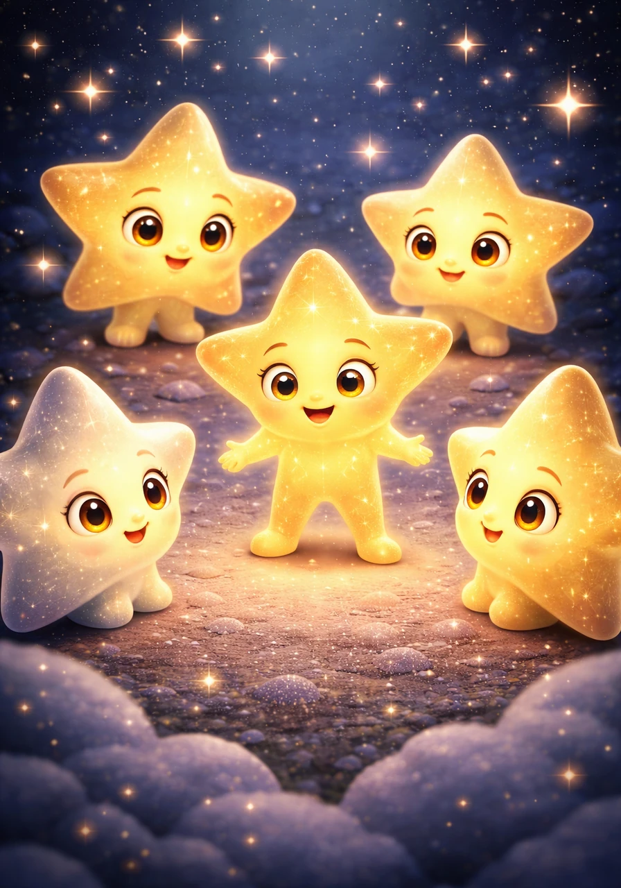 A tiny, energetic star named Twinkle gathered all her siblings together for an emergency meeting. They decided to form a glowing search party to find where the Moon had gone.