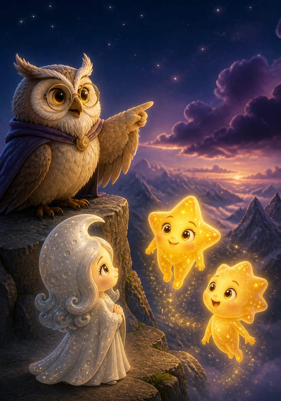 The stars floated down toward the highest mountain peak to visit the Wise Old Owl. He blinked his large, golden eyes and pointed his wing toward a cluster of heavy, purple clouds drifting near the horizon.