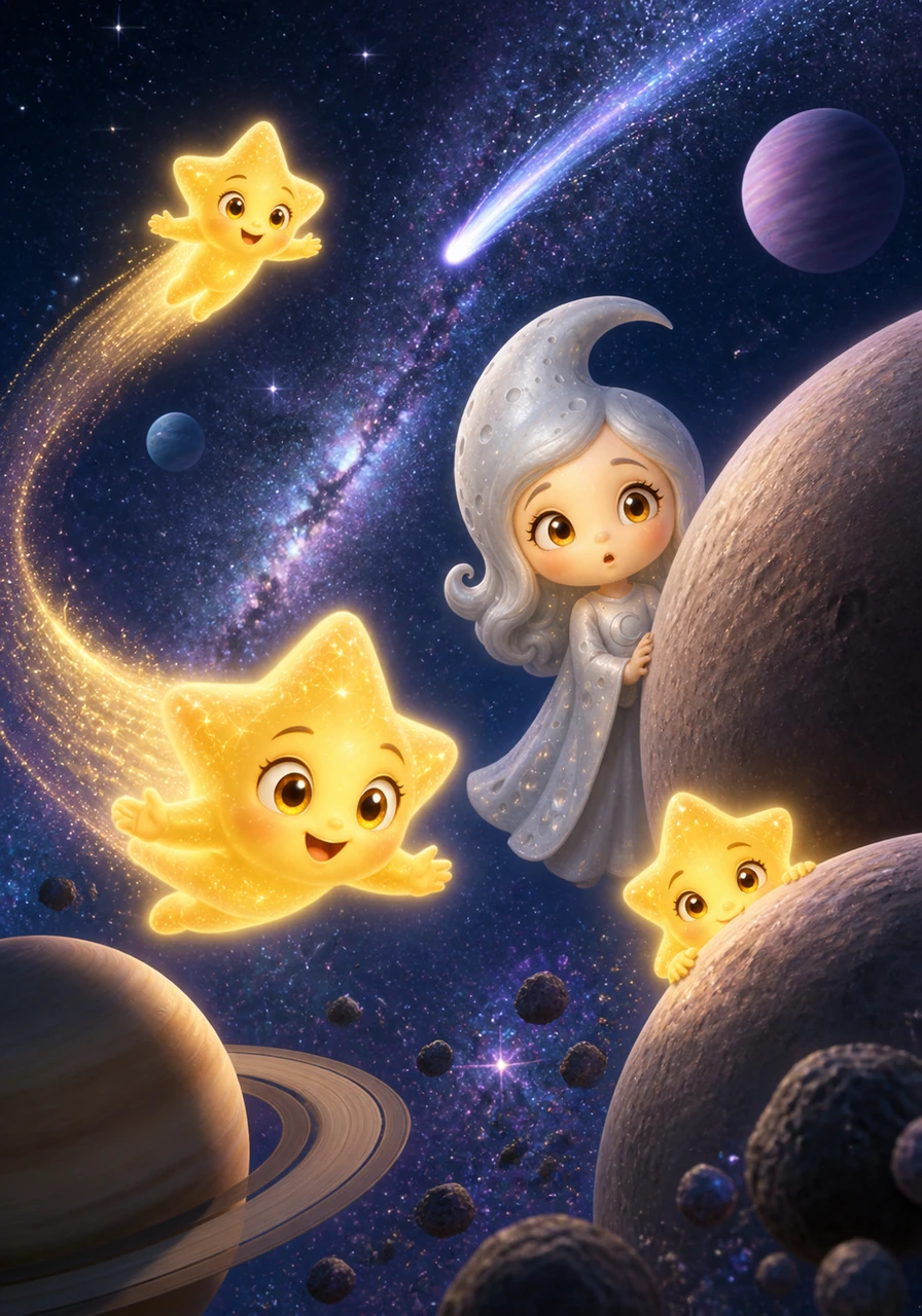 With their lights shining bright, the stars zipped through the Milky Way like tiny lanterns. They peeked behind planets and under comet tails, calling out Luna's name into the quiet night.