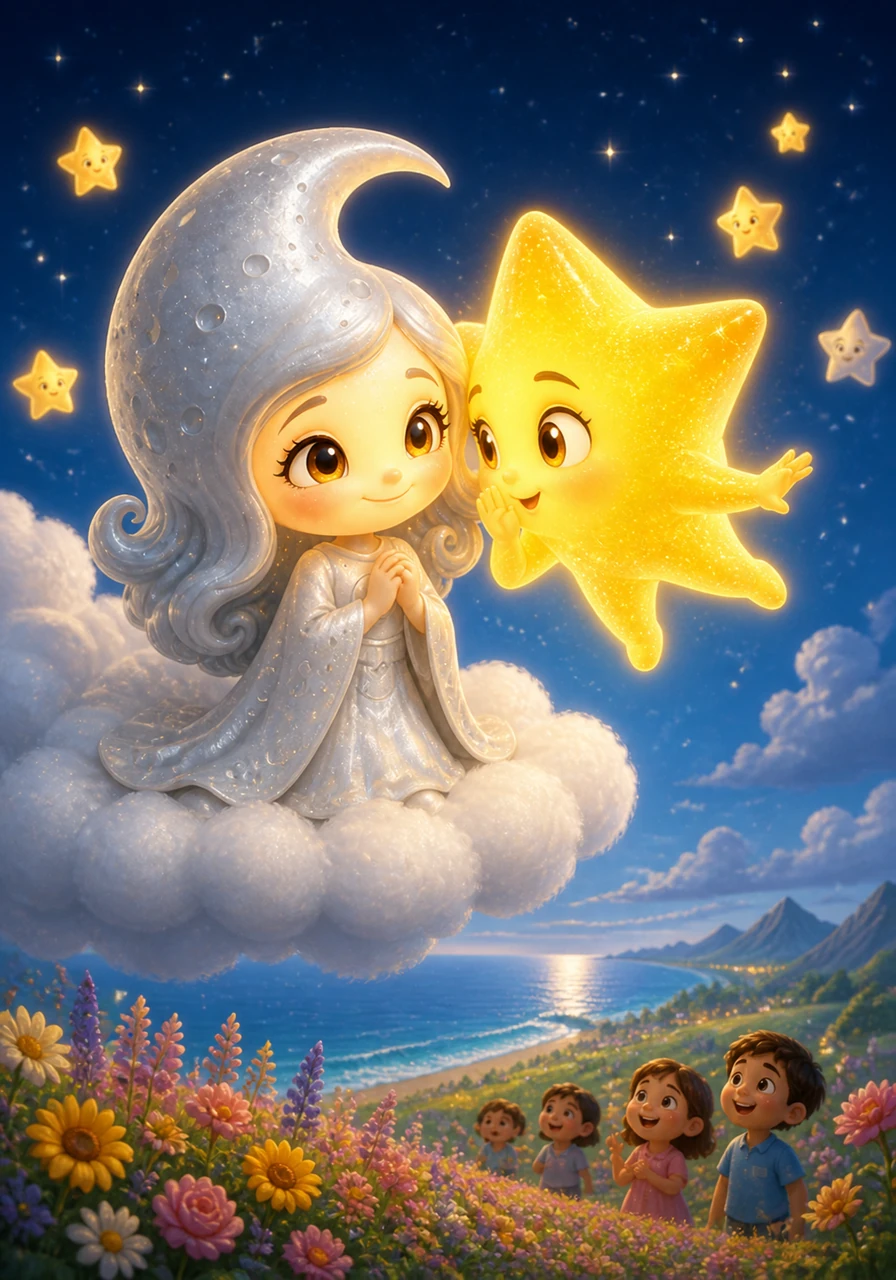Twinkle flew right up to the edge of the cloud and whispered a gentle message of love. She told Luna that the flowers, the oceans, and all the children below were waiting to see her beautiful smile.