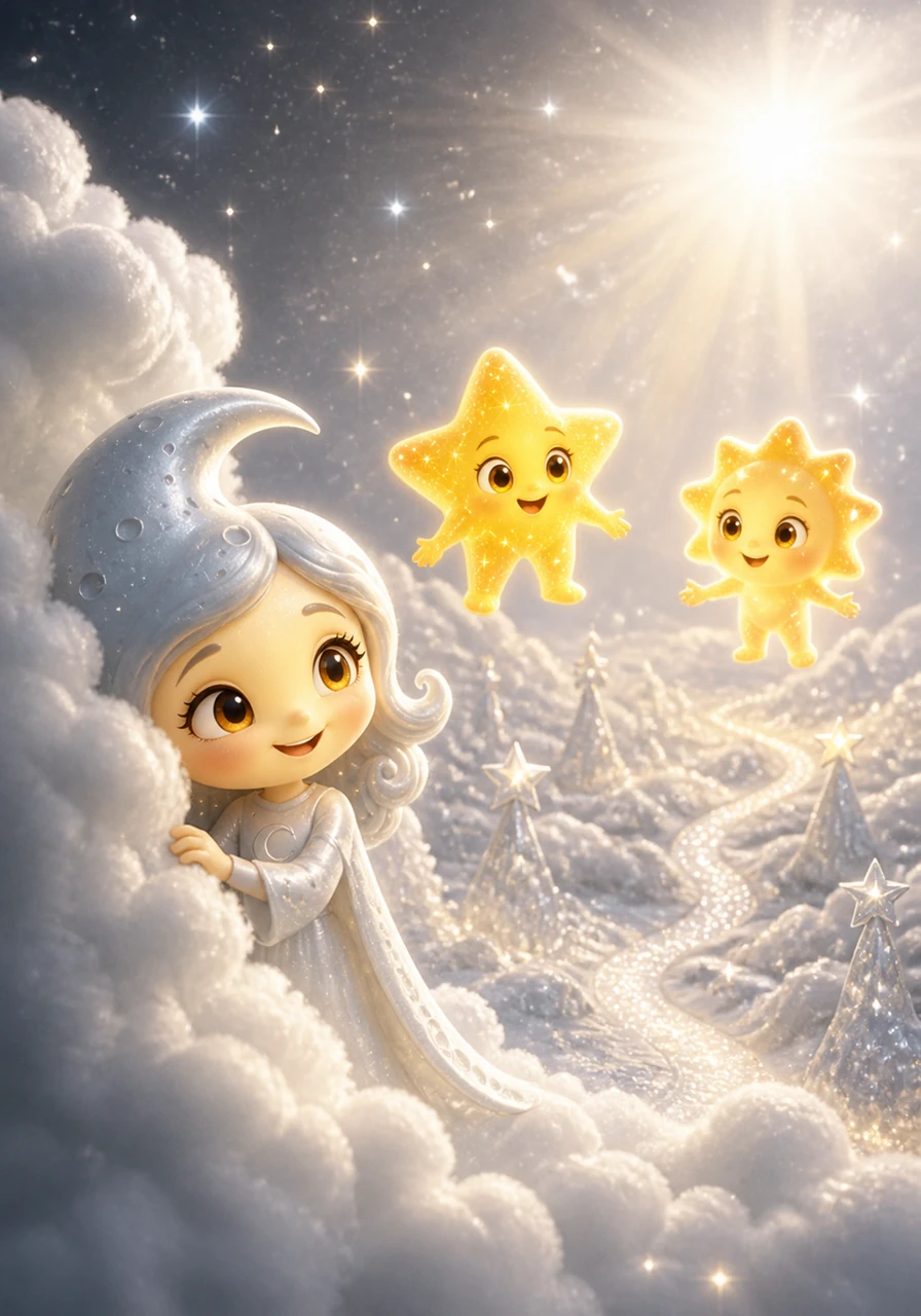 Feeling braver, Luna slowly pushed aside the fluffy white mist and peeked out at her friends. A soft, radiant light spilled across the sky, turning the dark night into a magical silver wonderland.