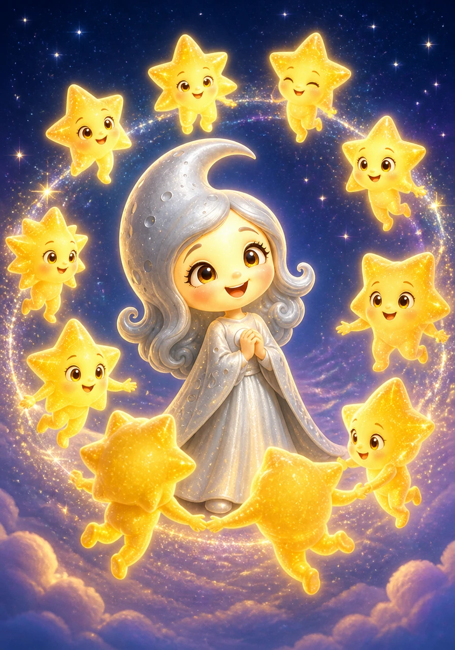 The stars cheered and began to dance in a grand circle around the Moon, twinkling with joy. Luna laughed, her shyness fading away as she realized how much she was loved by the entire universe.