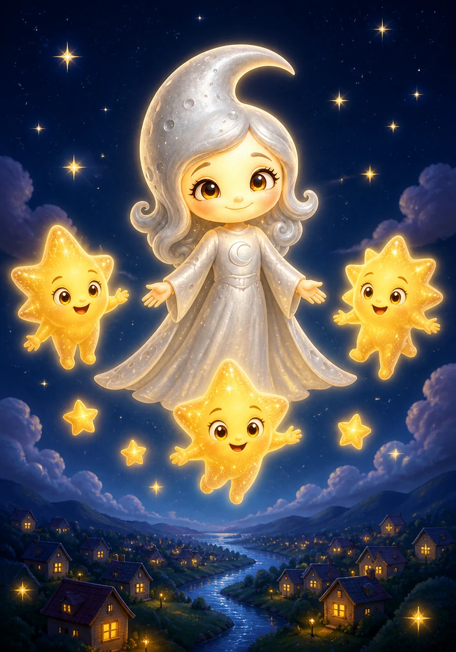 As the world below settled into a peaceful slumber, Luna took her rightful place in the center of the sky. Surrounded by her glowing star friends, she watched over the earth with a warm and steady glow.