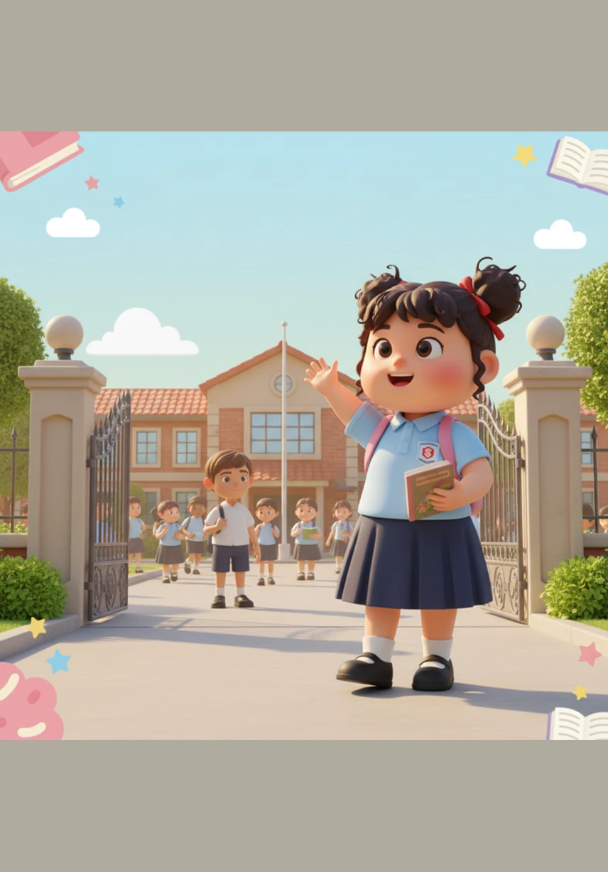 Aminah arrives at the school gate with a bright smile, her blue school bag bouncing as she walks. The morning sun shines on the bustling campus as students in their neat uniforms gather for a new day of learning.