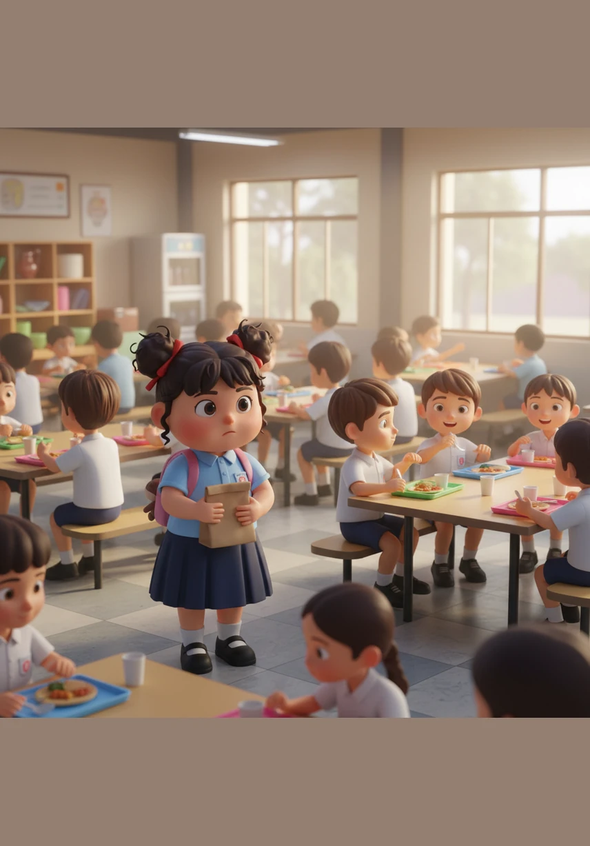 The school canteen comes alive during recess with the sounds of laughter and the clatter of plates. Aminah looks around the crowded, colorful space, holding her lunch bag tightly as she searches for a place to sit.