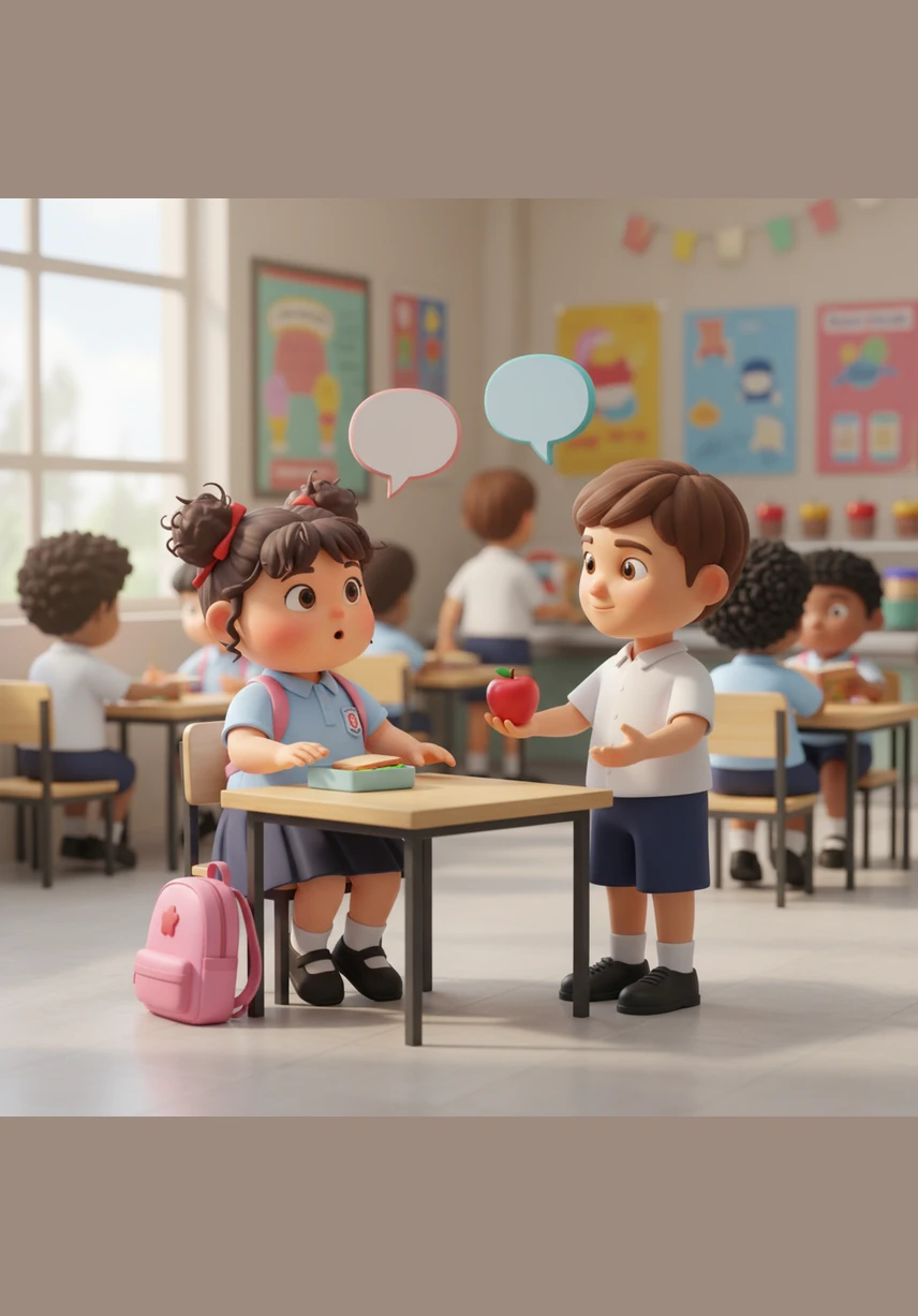 In a quiet corner of the noisy canteen, Aminah spots her classmate Ben sitting all by himself. His table is empty, and he looks down sadly at his hands while other children around him enjoy their snacks and drinks.