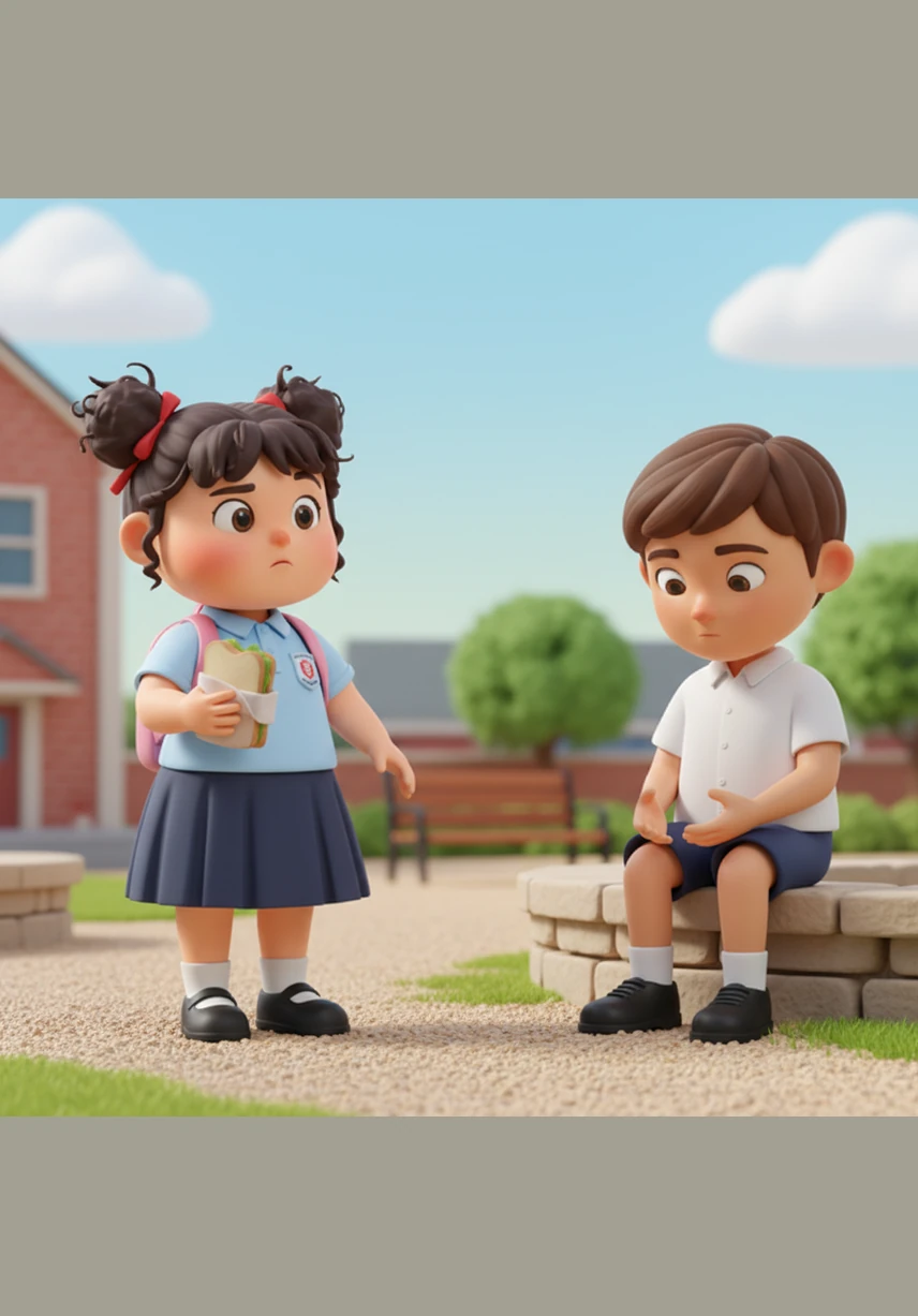 Aminah looks at the extra sandwich in her hand and then at Ben, feeling a bit nervous. She thinks about whether she should keep the extra food for later or if she has the courage to walk over and offer it to him.