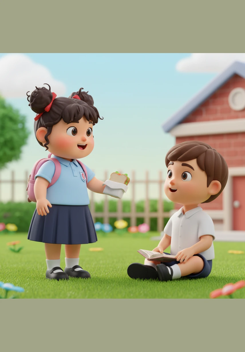 With a warm and friendly smile, Aminah walks over to Ben and holds out the extra sandwich. Ben looks up in surprise and wonder as she offers him the meal with a kind and selfless gesture.