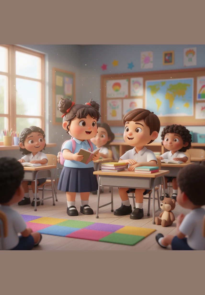 Back in the classroom, the spirit of kindness begins to grow as Ben helps a classmate carry a heavy stack of books. Aminah watches with a smile, seeing how her small act has inspired others to be helpful and caring.