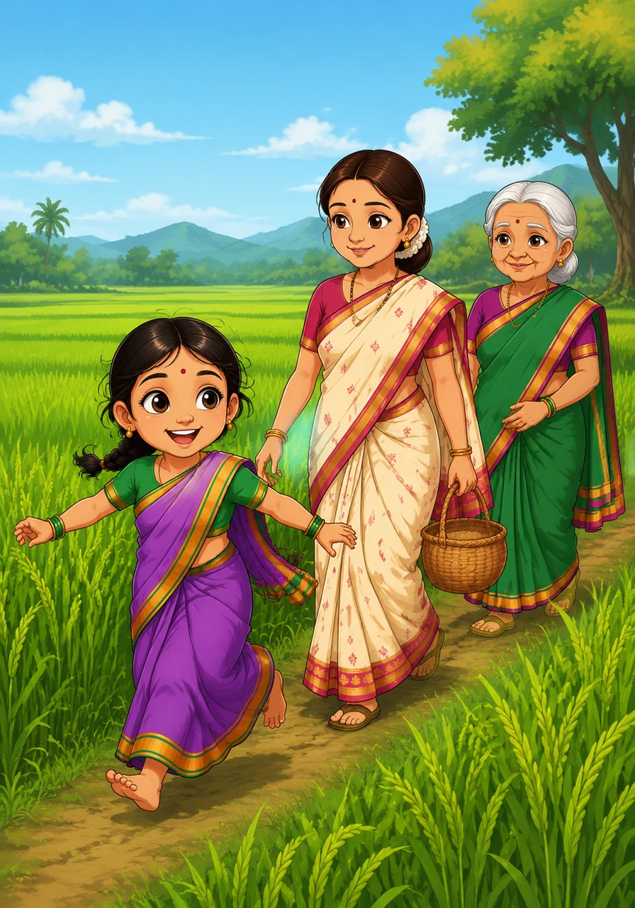 Shashikala was a spirited child who loved the outdoors, often seen following her mother into the emerald green fields. Though she was a bit stubborn at times, her playful and naughty nature made her the heart of the family.