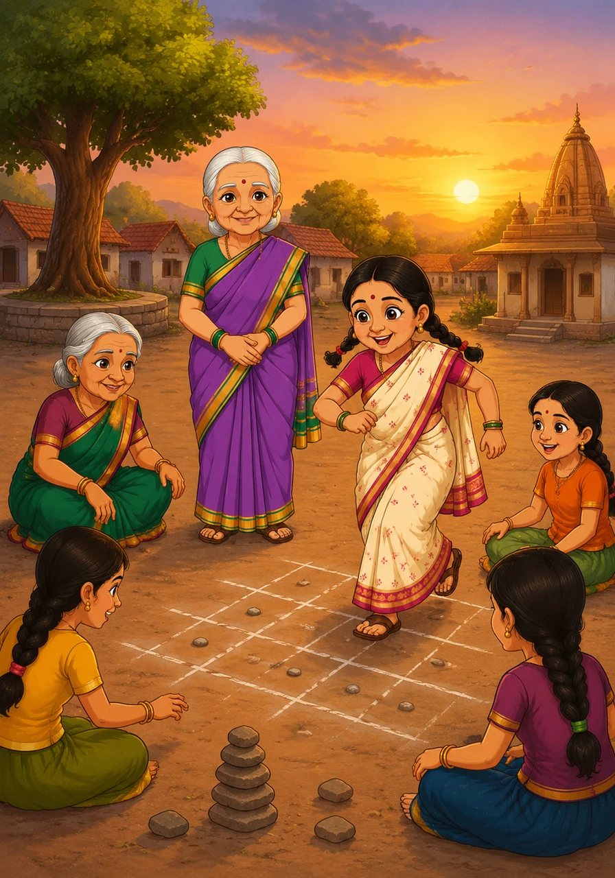 The village square was her playground, where she spent hours playing traditional games like Atyapatya and Lingorcha with her friends. Her energy was boundless as she ran and laughed under the vast, open sky until the sun began to set.