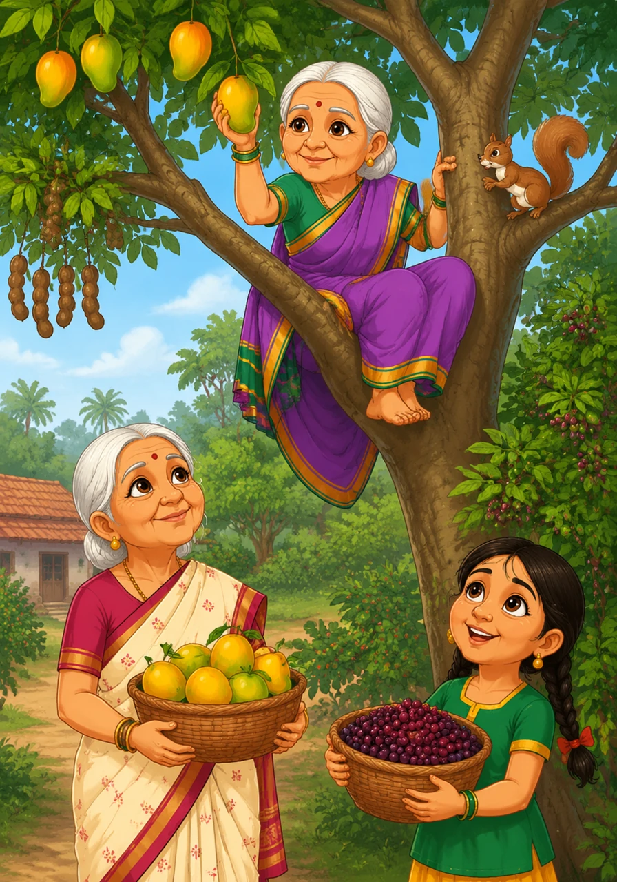 No tree was too high for Shashikala, who could climb as swiftly as a squirrel. She would effortlessly perch on the high branches of mango, tamarind, and berry trees, picking the best fruits for her friends and family.