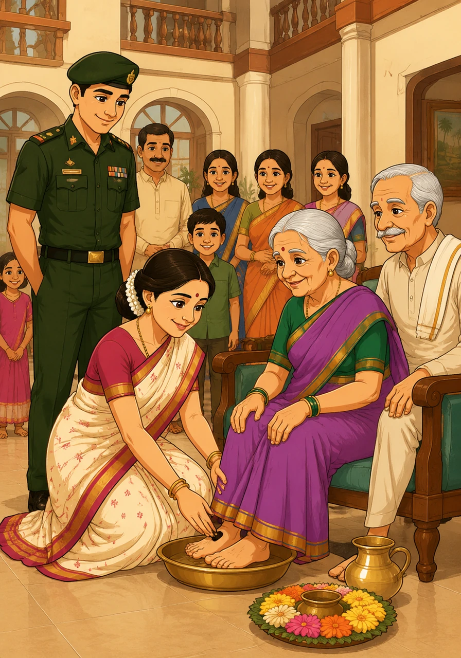As she grew into a young woman, Shashikala married a brave Indian soldier and stepped into a sprawling new home. She took on the responsibility of his large family with grace, caring for her parents-in-law with deep respect and devotion.