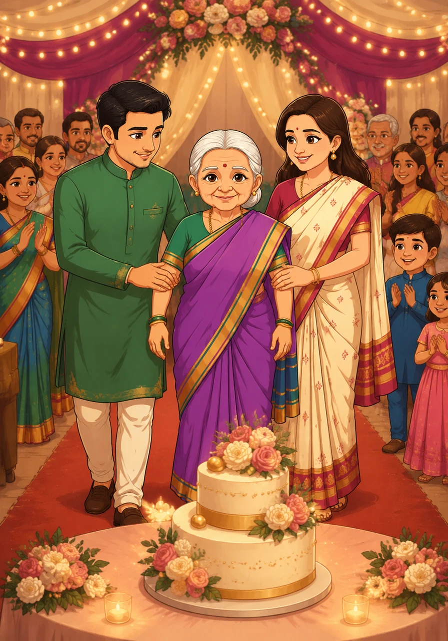 To celebrate her legacy, the whole family gathered for a grand party, bringing a modern cake for their traditional and beloved Mauli. Sachin and Vidya proudly walked her to the stage, honoring the woman who remains the foundation of their lives.