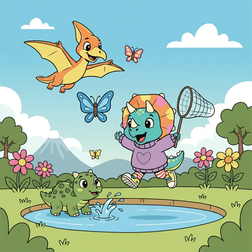Trix played with her friends, a playful Ankylosaurus and a speedy Pteranodon. They were having a grand time, chasing butterflies and splashing in the watering hole.
