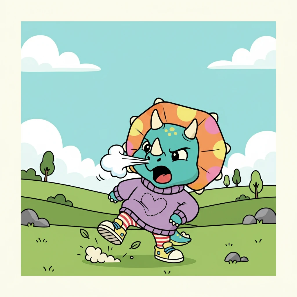 Trix stomped her feet, her frill flared. She snorted loudly, a puff of air escaping her nostrils. "I'm so MAD!" she roared, her voice echoing through the valley.