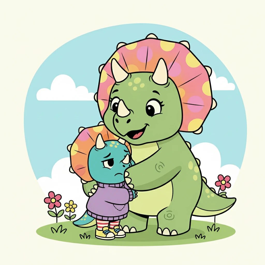 Mama Triceratops, with her gentle eyes, came over. "Oh, Trix," she said softly. "It sounds like you're feeling angry." She wrapped a loving arm around Trix.