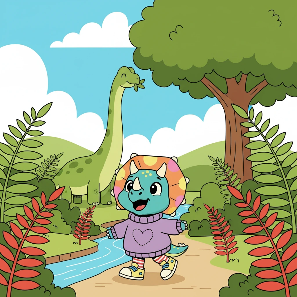 They walked past tall, green ferns and a gentle stream. The red ferns swayed as the breeze cooled Trix’s scales. A nearby Brachiosaurus munched peacefully on leaves.