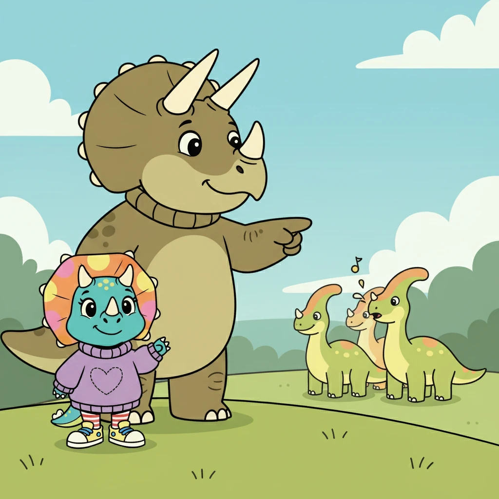 Papa Triceratops pointed out a group of friendly Parasaurolophus. Their gentle calls helped Trix feel safe and secure. The world didn't seem so scary anymore.