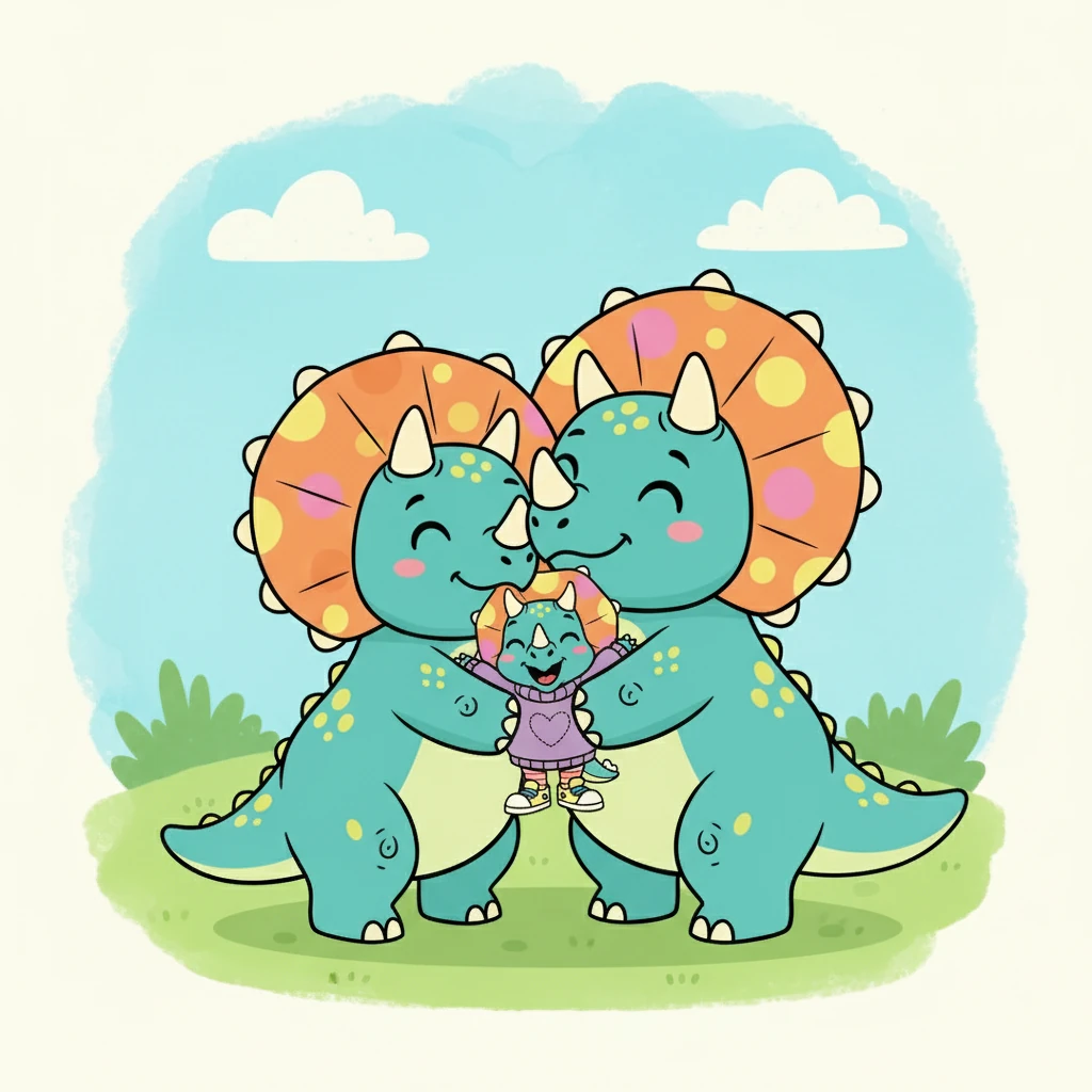 Mama and Papa Triceratops gathered Trix in a warm hug. Even when feelings are big, love is always there. They reassured her that they loved her very much.