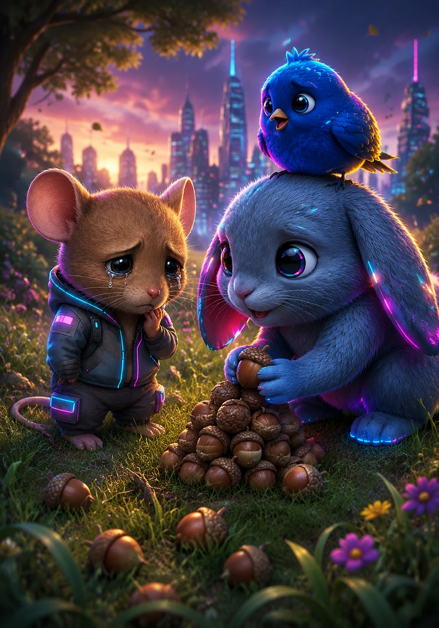 Deep in the green meadow, Barnaby found Pip the field mouse crying beside a pile of scattered acorns. A sudden gust of wind had ruined Pip's winter supply, so Barnaby happily used his quick paws to gather every last nut into a neat, safe stack.