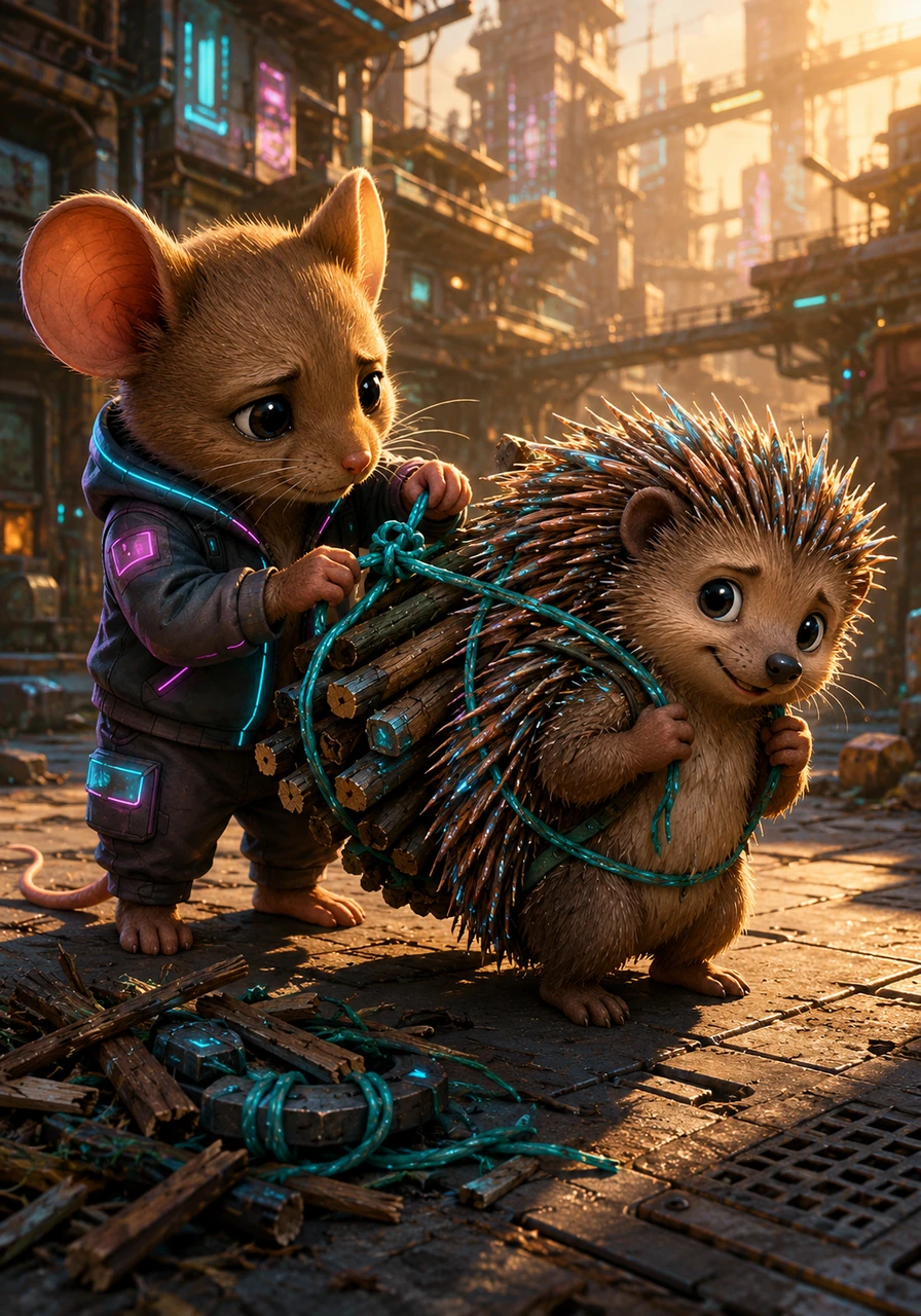 As the afternoon sun grew warm, Barnaby met Penelope the porcupine, who was carrying a heavy load of firewood that kept slipping from her quills. Barnaby quickly gathered some sturdy vines and tied the firewood into a secure bundle that Penelope could easily carry on her back.