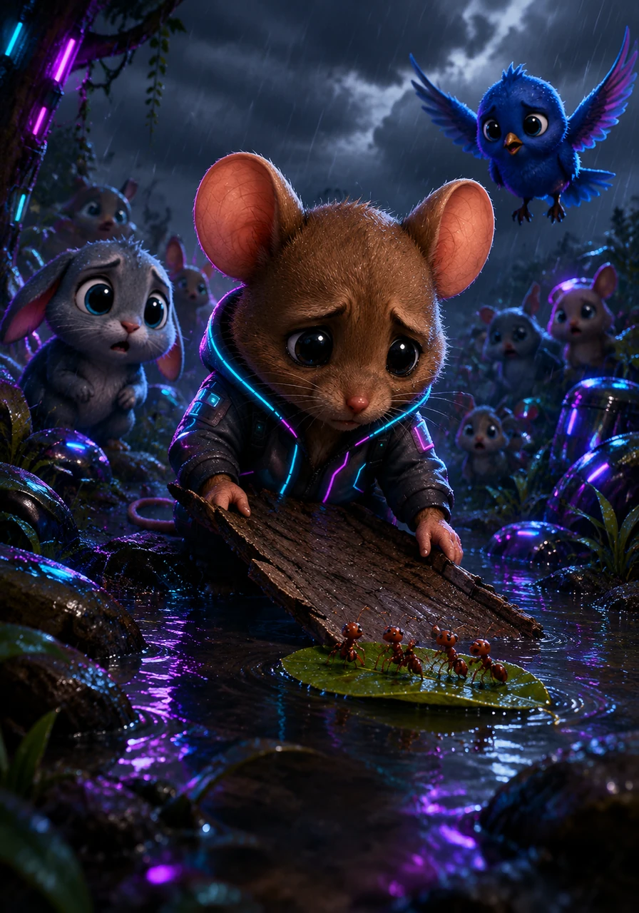 Suddenly, dark gray rain clouds rolled across the sky, and the forest animals began to panic. Barnaby noticed a family of tiny ants trapped on a leaf in a rapidly growing puddle, so he carefully placed a wide bark boat in the water to ferry them safely to dry land.