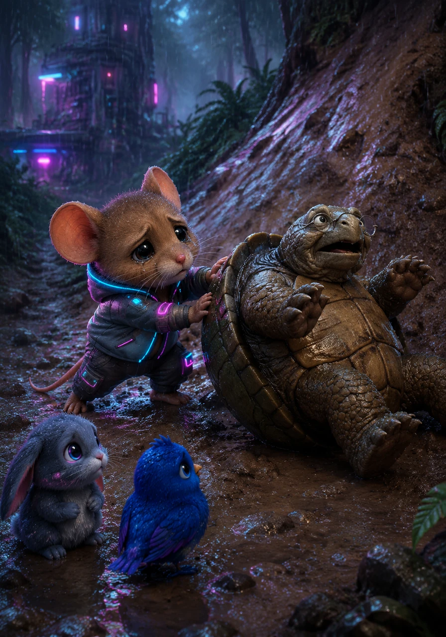 The rain began to pour softly, making the forest floor muddy and slippery for everyone. Barnaby found Old Mr. Turtle stuck on his back near a slippery clay hill, and with a strong, careful push of his hind legs, Barnaby flipped his grateful neighbor back onto his feet.