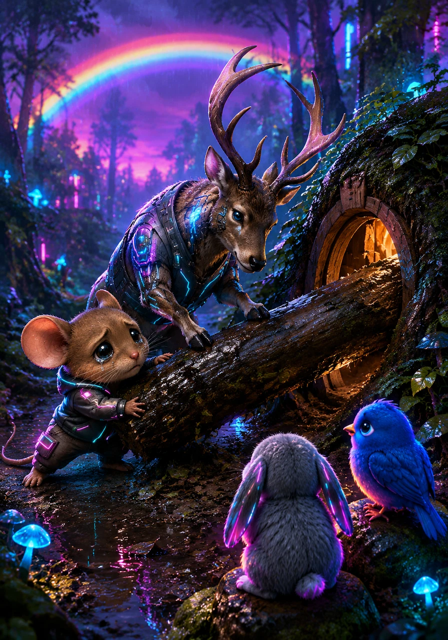 As the rain stopped, a beautiful rainbow arched over the forest, but the wind had blown a large fallen branch right in front of the chipmunks' home. Barnaby called out to a nearby deer, and together they used teamwork to pull the heavy branch away from the entrance.